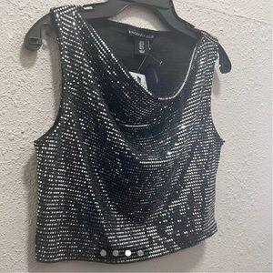 Sincerely Jules Sparkly Black Cow Neckline Sequin Sleeveless Crop Top, Small